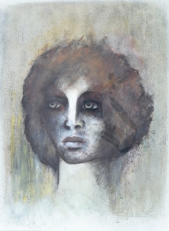 German School, mixed media, Study of a woman's head, indistinctly signed and dated 1982, inscribed 'Editors, Munich' verso, 52 x 38cm. Condition - good
